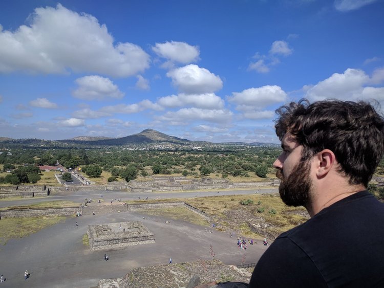 Curtis Tremblay overlooking the Teotihuacan pyramids, Mexico